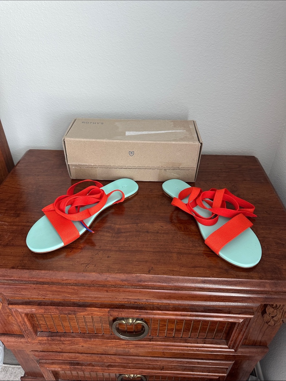 Rothy's Seafoam Flat Sandals with Red Wrap Straps - Picture 2 of 3